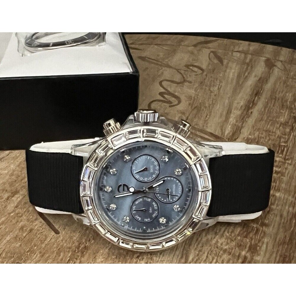 Gossip Blue Dial Bezel Crystal Accent Round Clear Case Black Canvas Band Watch - Picture 5 of 9